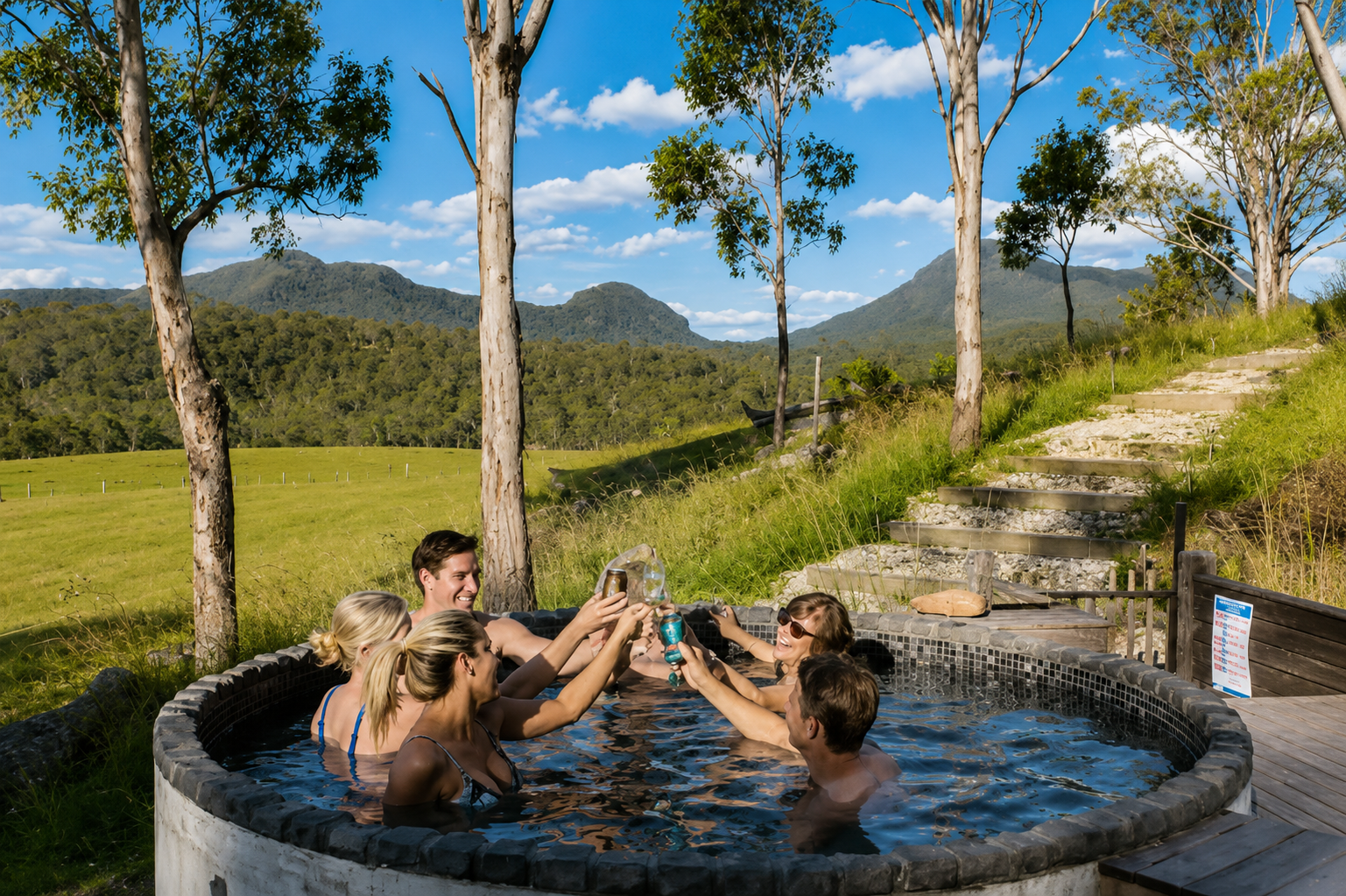 Group of friends enjoying drinks together in a hot tub outdoors surrounded by trees and mountains under a blue sky.