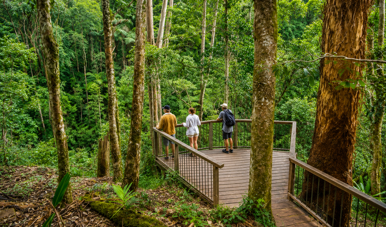 Three people standing on a wooden viewing platform in a dense green forest, looking at the trees and foliage.
