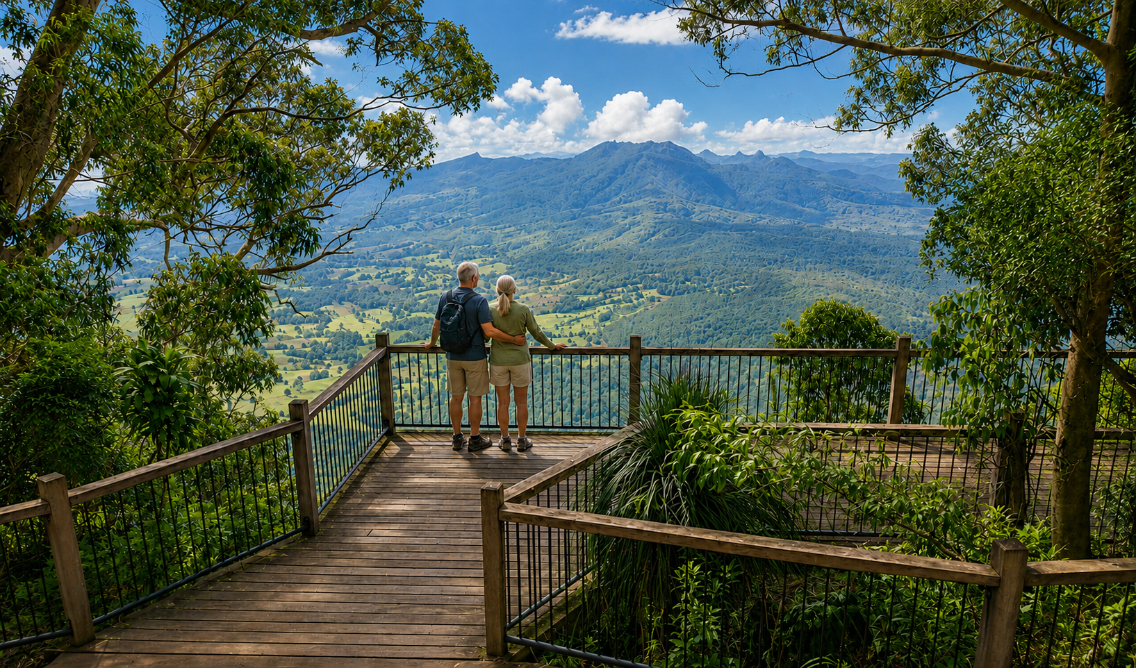 An elderly couple standing on a wooden viewing platform overlooking a lush green valley and mountain range under a blue sky with clouds.