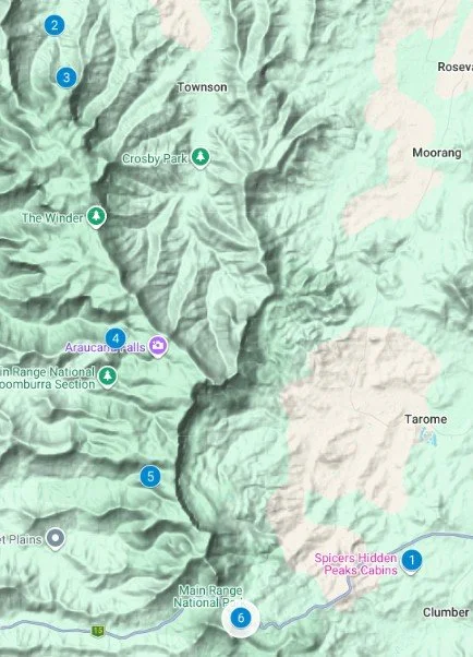 Topographic map of a mountainous area with marked locations including Crosby Park, The Winder, Townson, Moorang, Tarome, and Main Range National Park, featuring numbered markers from 1 to 6.