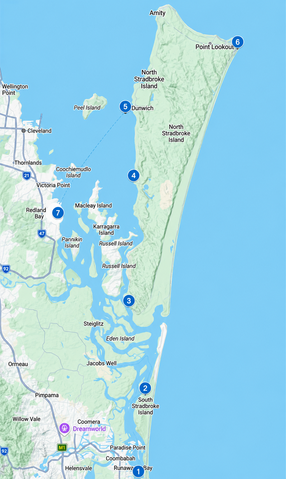 Map of North Stradbroke Island and surrounding areas, including the location of various islands and points of interest in Australia.