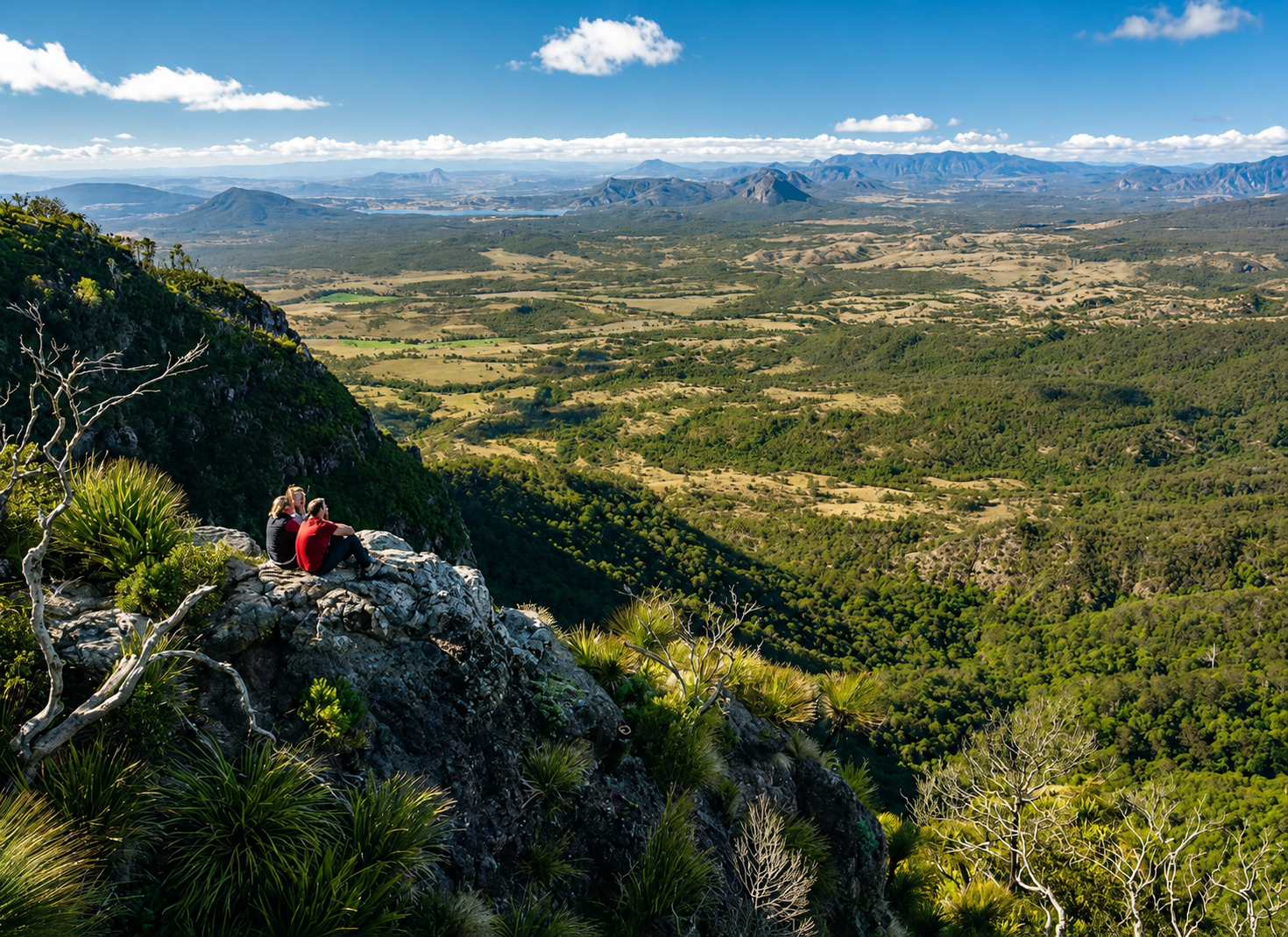 Two people sitting on a rocky outcrop overlooking a lush green valley with mountains in the distance under a blue sky with clouds.