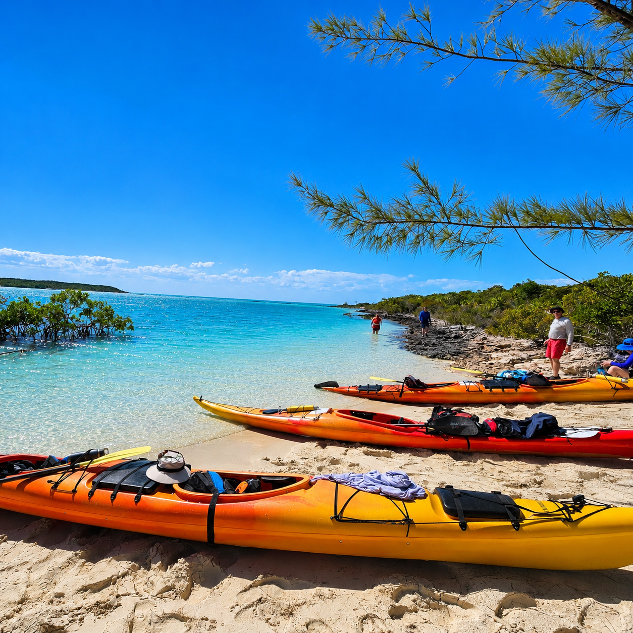 Kayaks on the sandy beach by the calm, turquoise ocean with a few people walking and relaxing under a clear blue sky, with green trees and shrubs along the shoreline.