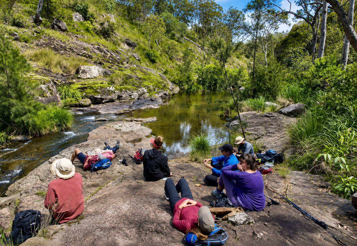 Group of people resting and relaxing on rocks beside a creek in a forested area, with trees and green vegetation surrounding them, on a sunny day.