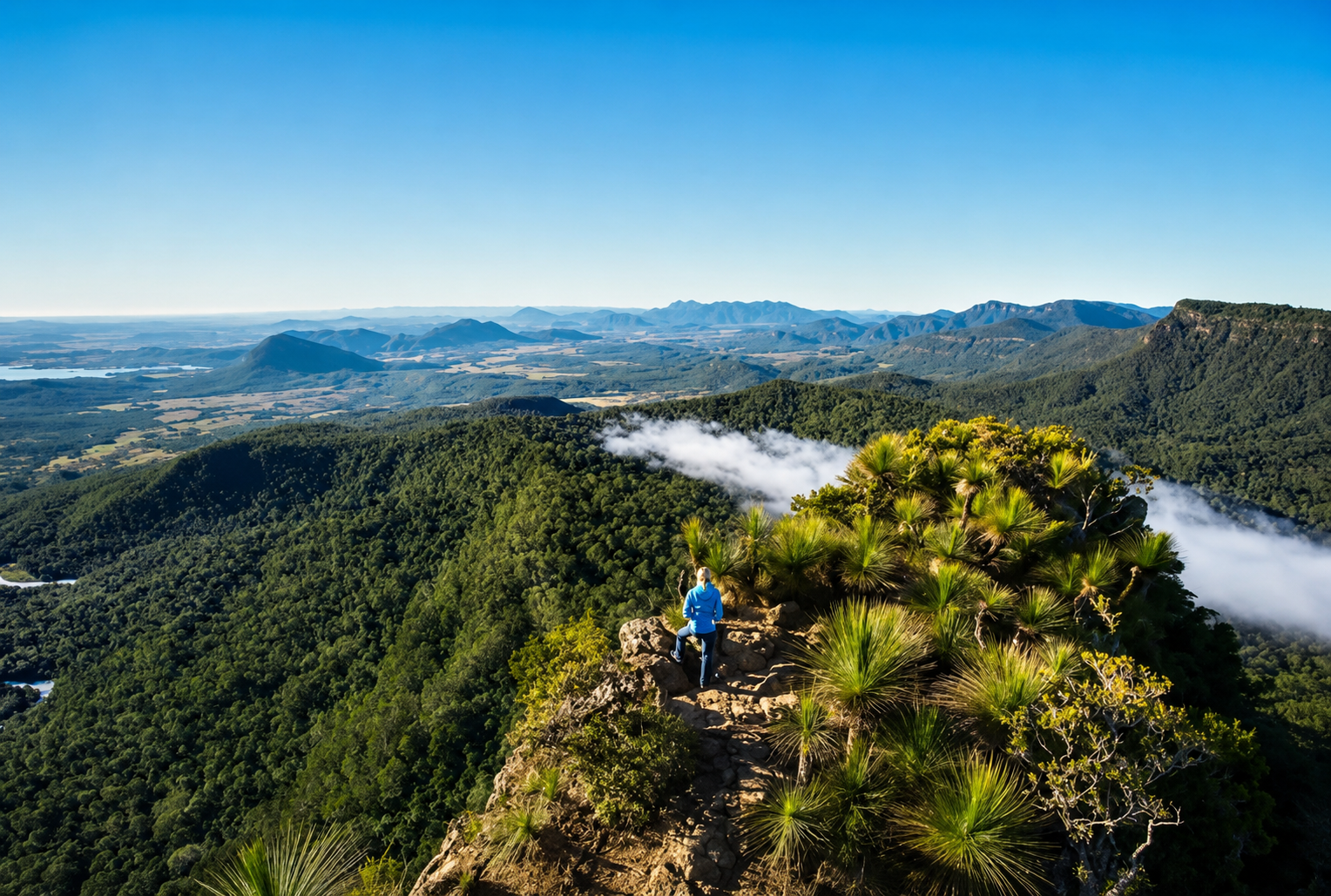 A person in a blue jacket stands on a rocky cliff surrounded by green plants, overlooking a lush landscape of mountains, forests, and valleys under a clear blue sky.