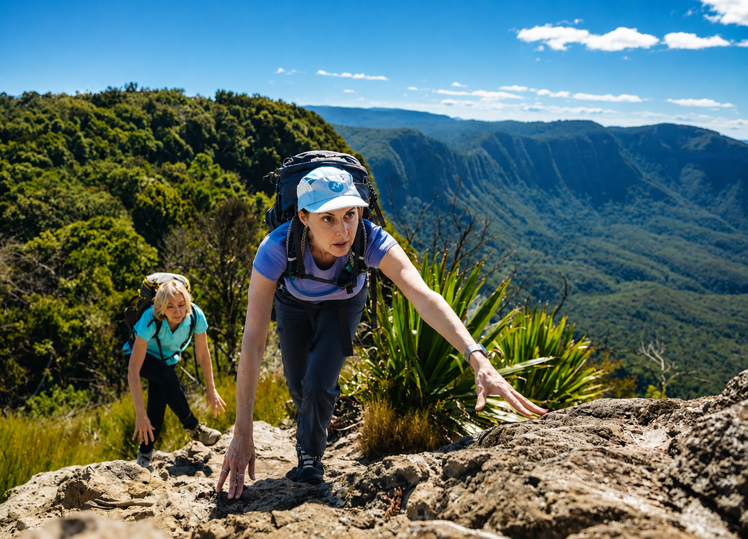 Two women hiking up a rocky trail in a lush, green mountainous landscape under a blue sky with clouds.