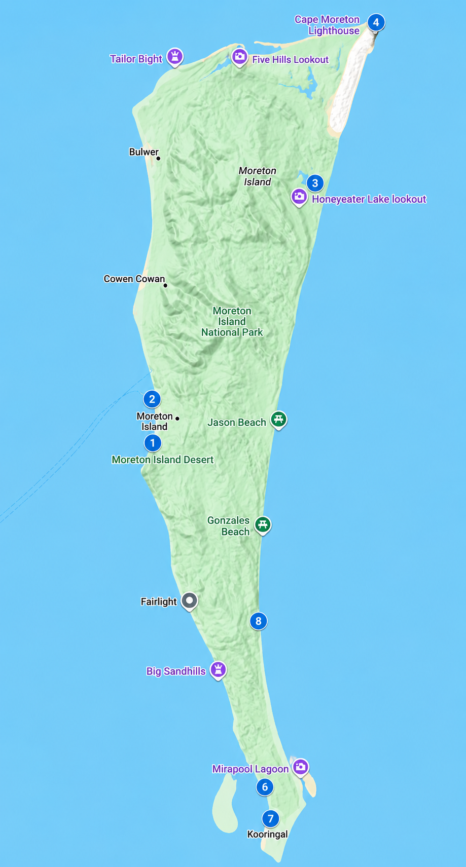 Map of Moreton Island showing landmarks, beaches, and points of interest including Cape Moreton Lighthouse, Honeyeater Lake lookout, Big Sandhills, Mirapool Lagoon, and various beaches.