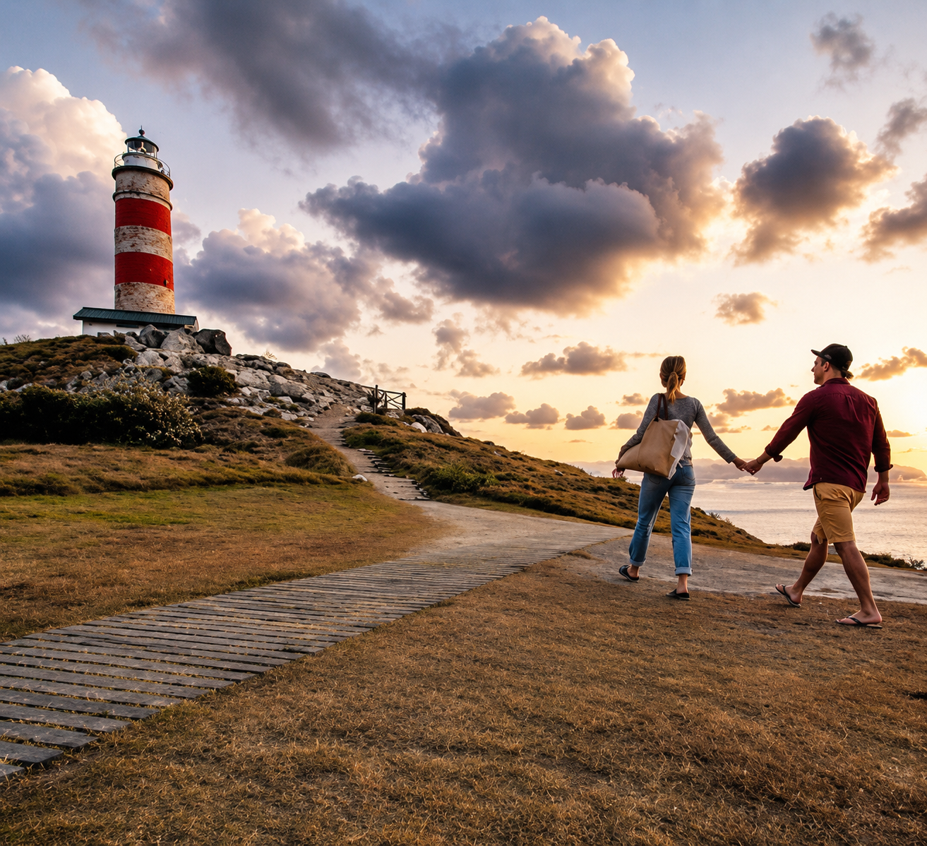 A couple walking hand in hand along a beach path near a lighthouse during sunset, with clouds in the sky and the ocean in the background.