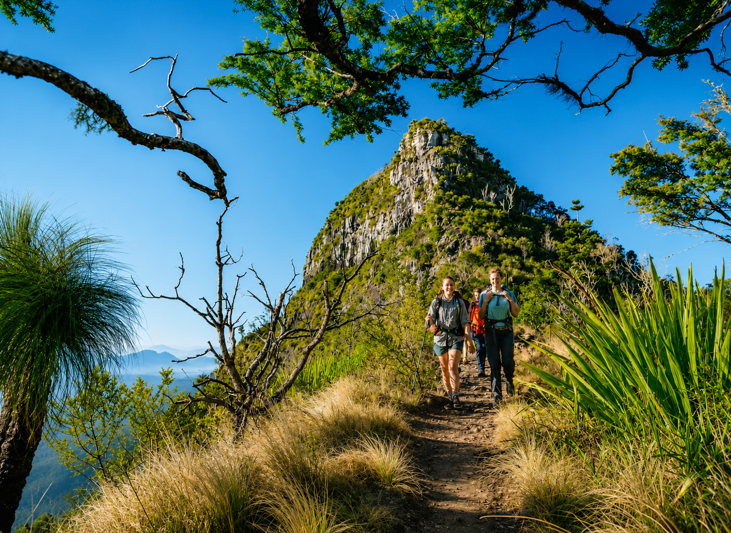 Group of hikers walking along a trail with lush greenery and a rocky mountain in the background, under a bright blue sky.