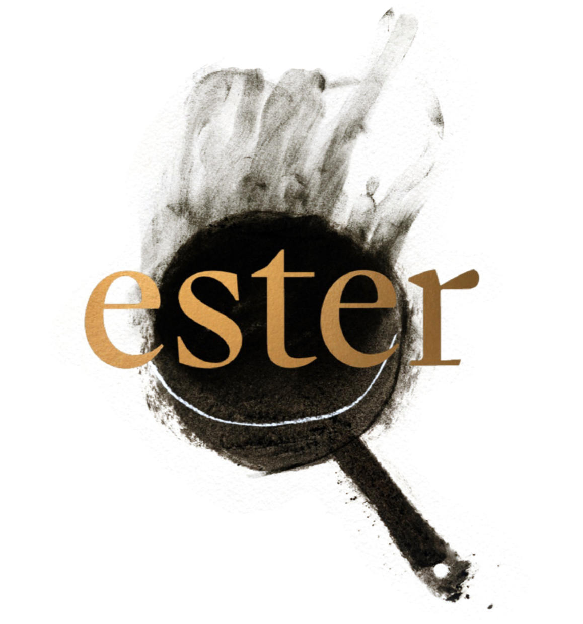 A watercolor illustration of a black coffee cup with steam rising from it, overlaid with the word 'ester' in large, bold, brown letters.