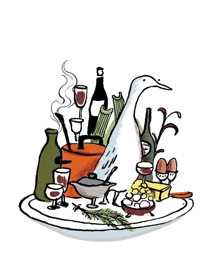 Illustration of a dinner table with a roasted bird, wine glasses, cheese, grapes, green vegetables, and a sprig of herbs on a white plate.