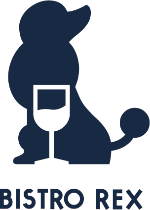 Silhouette of a chihuahua with a wine glass in front and the text 'BISTRO REX' below.