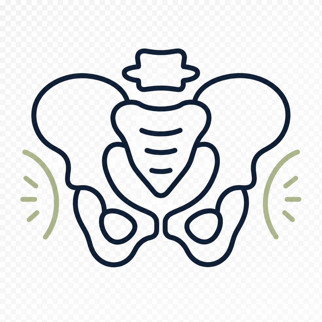 Line drawing of a person's pelvis with the sacrum highlighted at the top center and two areas on either side, represented with green lines indicating pain or focus.