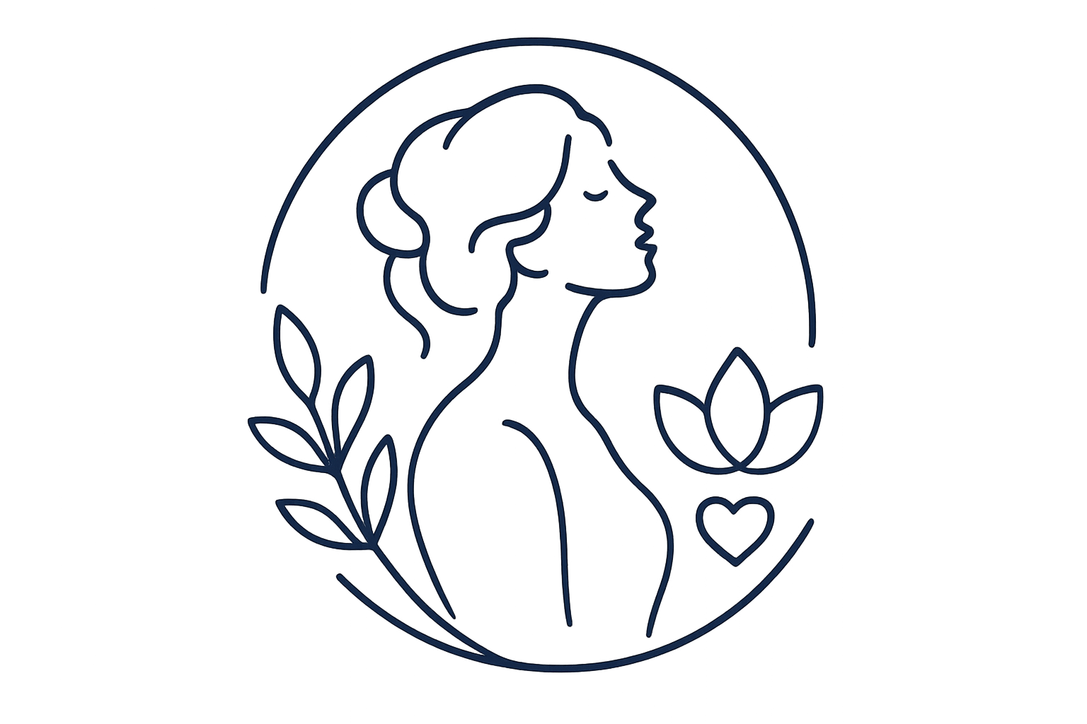 Line drawing of a woman with her hair in a bun, surrounded by a circle, with leaves, a lotus flower, and a small heart nearby.