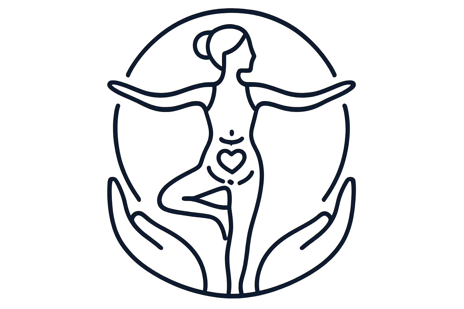 Line drawing of a woman practicing yoga in a meditative pose, enclosed in a circle, with hands providing support underneath.
