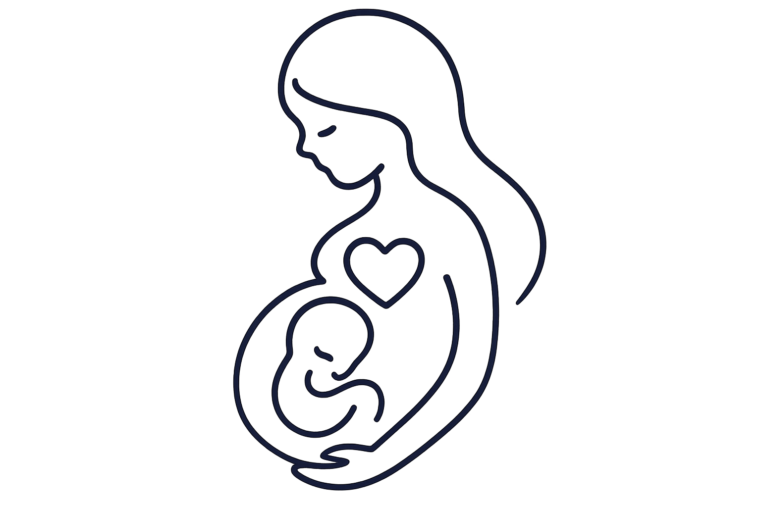 Line art illustration of a mother holding a baby, with a heart symbol on her chest and another inside the baby's outline.