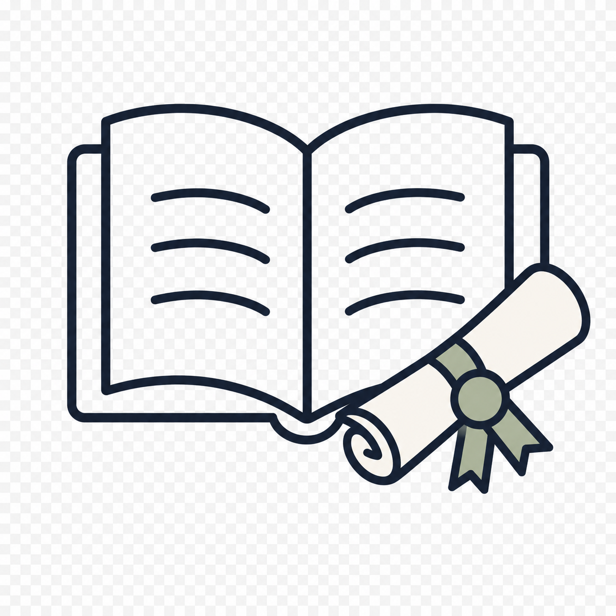 Outline drawing of a diploma and a certificate with a ribbon, with a book in the background.