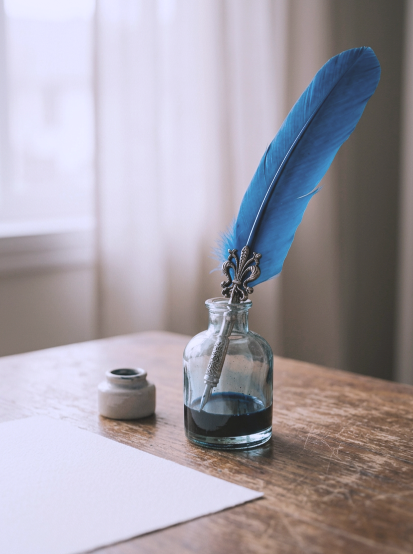 Image of a blue feather quill in an inkwell