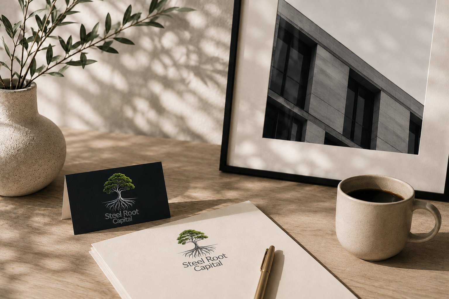 A wooden desk with a framed photo of a modern building, a ceramic cup of coffee, a beige ceramic vase with green leafy plant, a black business card with a tree logo and text 'Steel Root Capital', a white notepad with the same logo and text, a gold pen, and shadows of the plant on the wall.