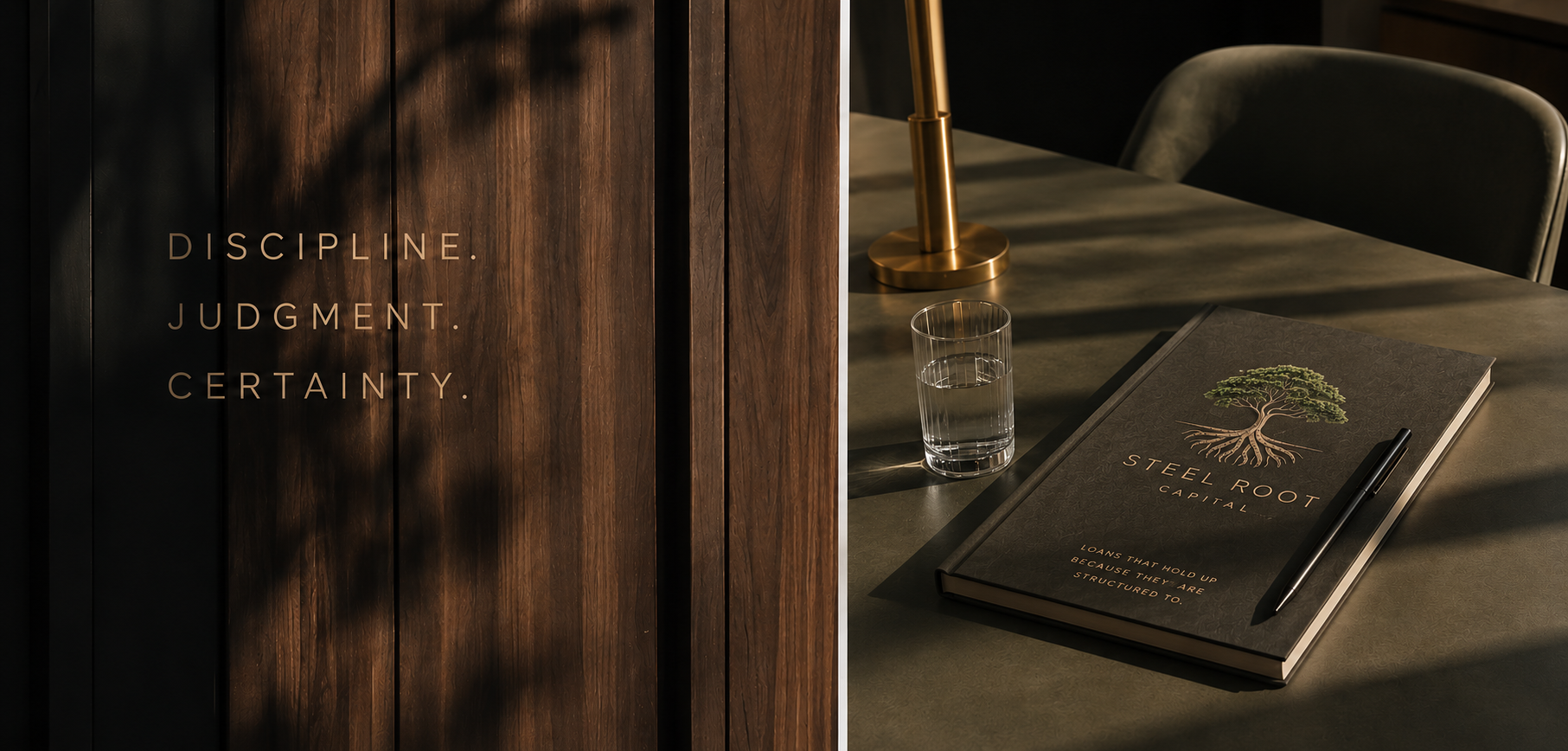 A dark wooden panel with the words 'Discipline. Judgment. Certainty.' printed on it. To the right, a table features a glass of water, a black pen, a closed book titled 'Steel Root Capital' with a tree logo, and a gold desk lamp.