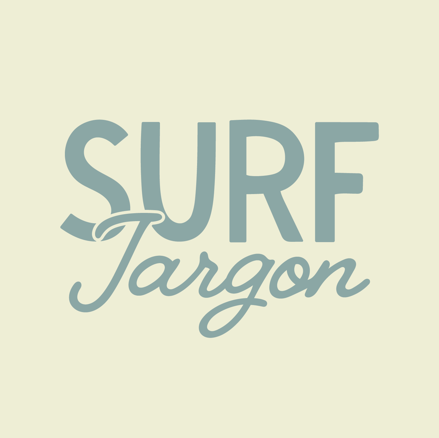 Logo with the words 'Surf Jargon' in large blue letters, with a surfboard and wave design integrated into the text, on a light background.