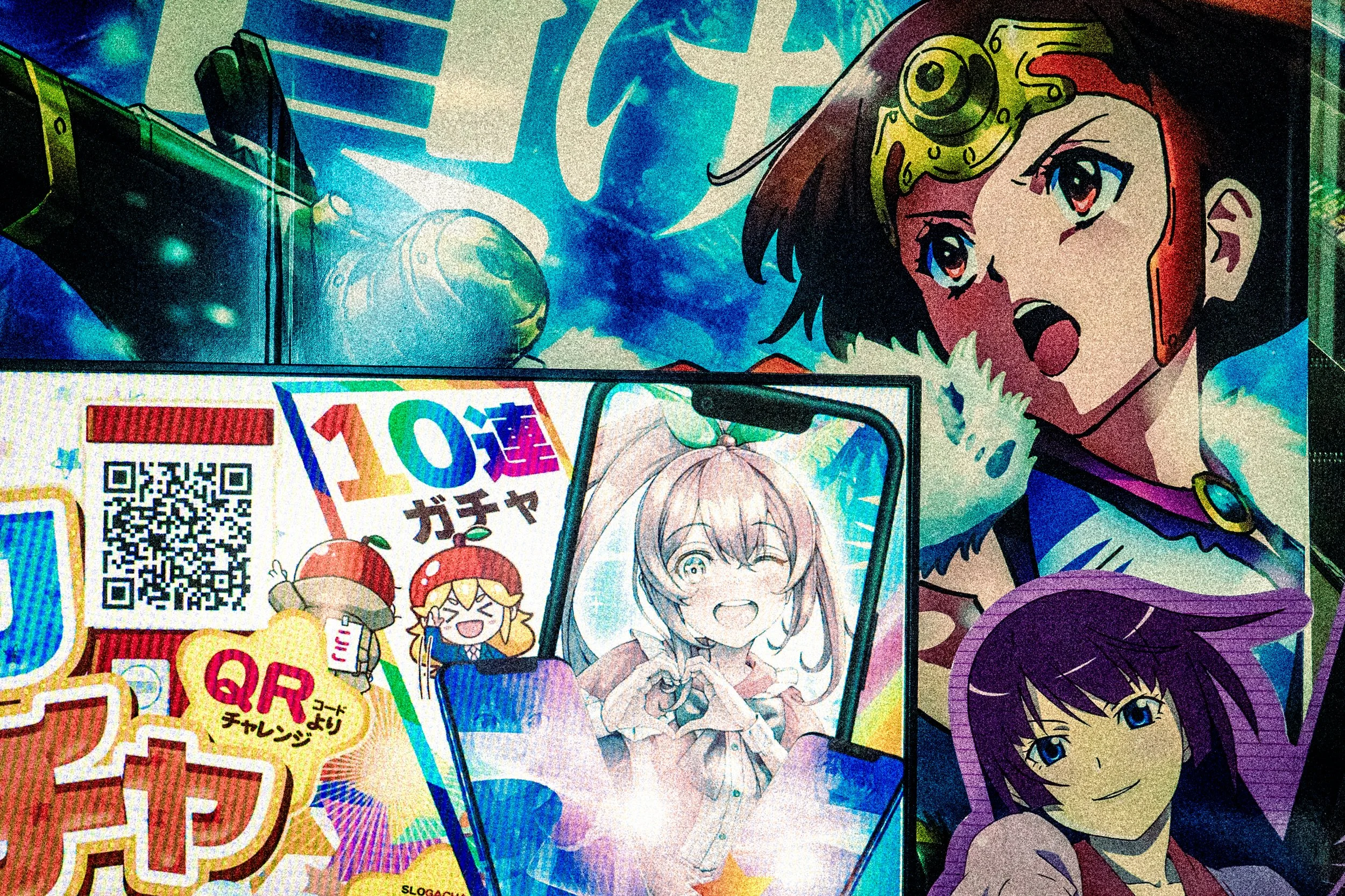 Colorful manga-style illustration featuring multiple characters, including a girl with purple hair and blue eyes, a girl with light brown hair, and others, along with Japanese text and QR code.
