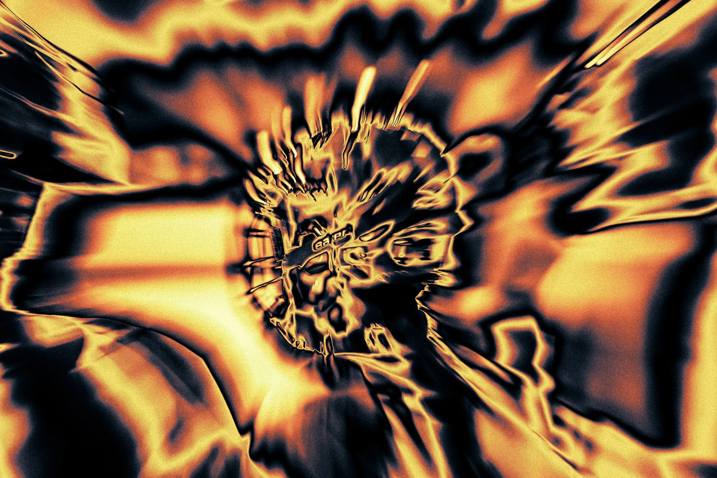 Abstract pattern with swirling black and orange colors creating a vortex effect.