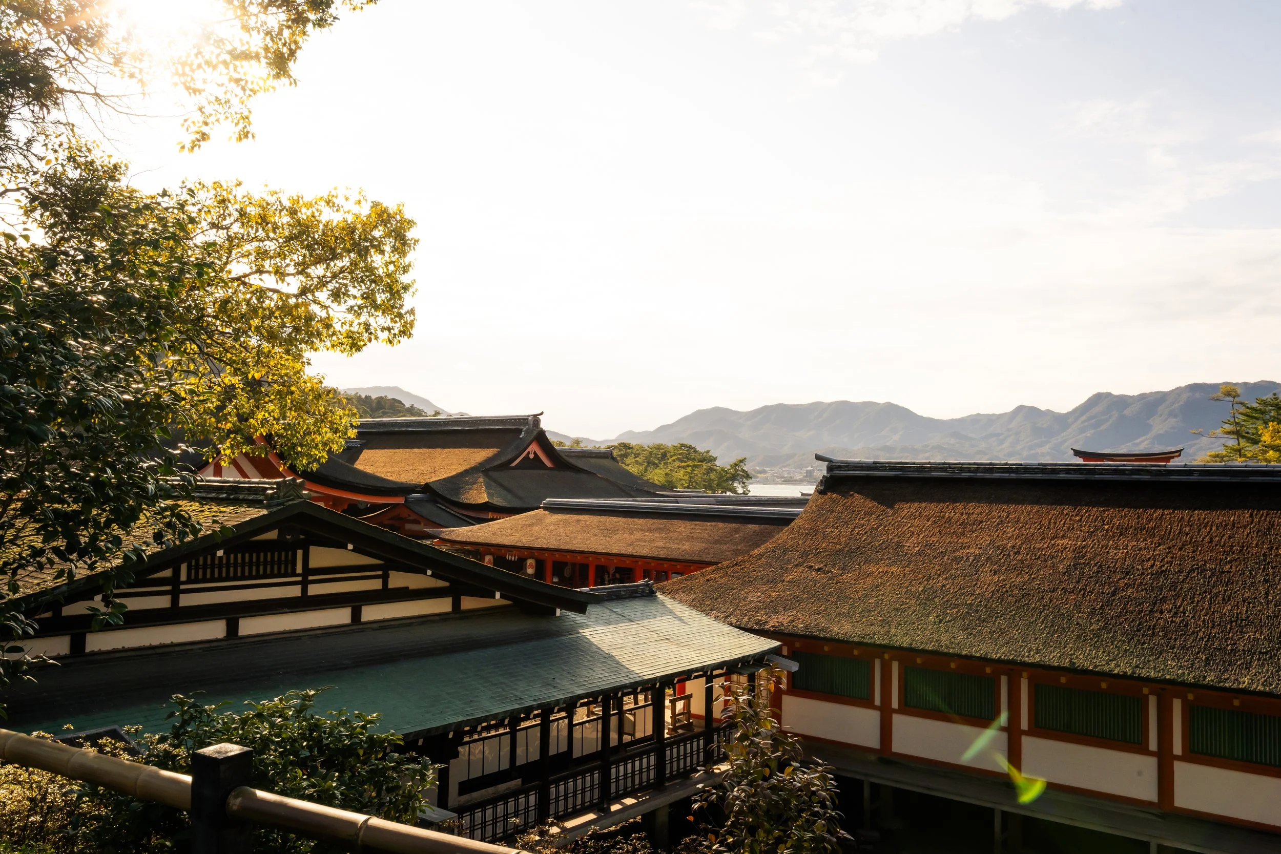 A scenic view of traditional Japanese buildings with curved roofs, surrounded by lush trees, with mountains in the background under a bright sky.