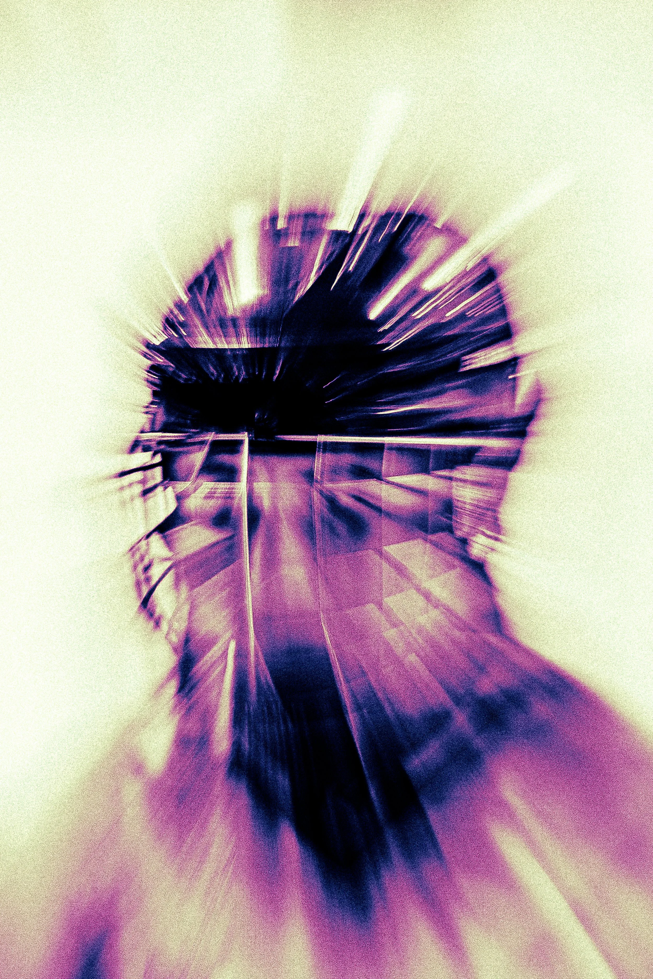Abstract digital art with purple and black streaks radiating from a central dark point, on a pale background.