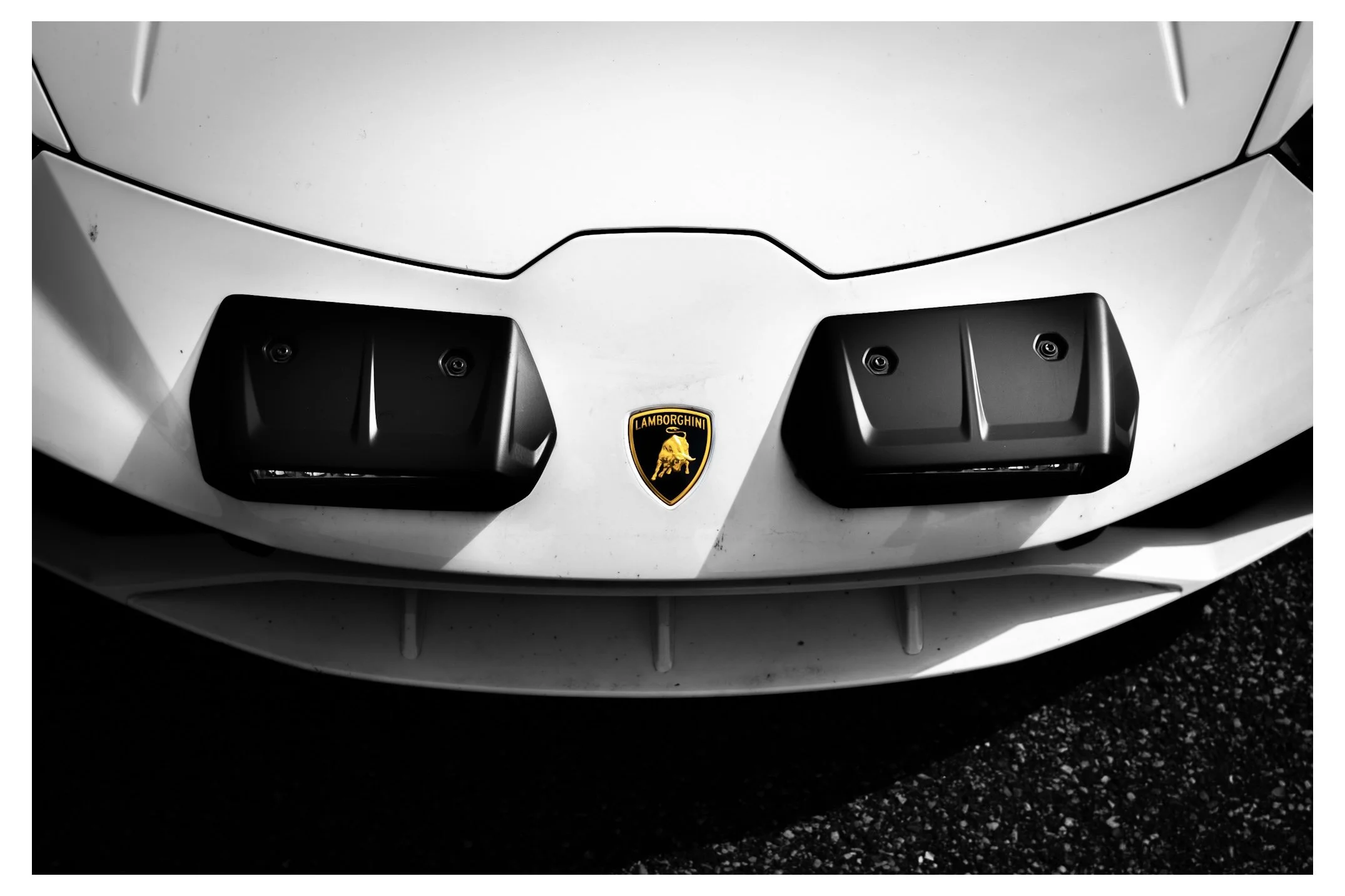 Close-up front view of a white Lamborghini sports car, featuring the black Lamborghini emblem with a golden bull on the front hood.