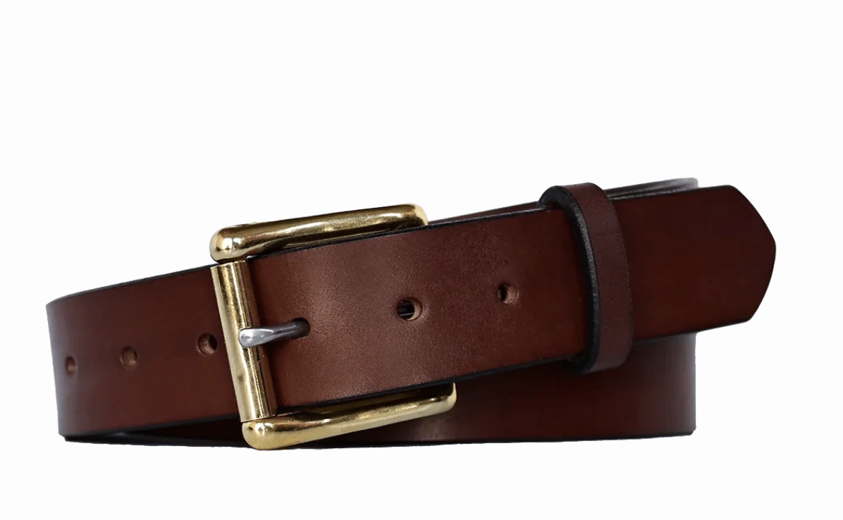 Close-up of a brown leather belt with a gold buckle and black loop against a white background.