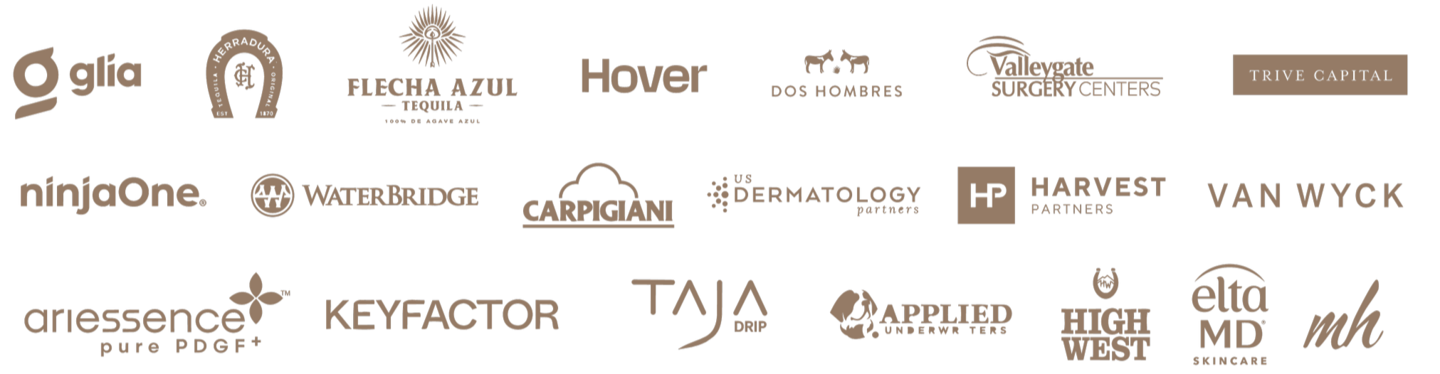 A collage of multiple business logos in brown color on a black background.