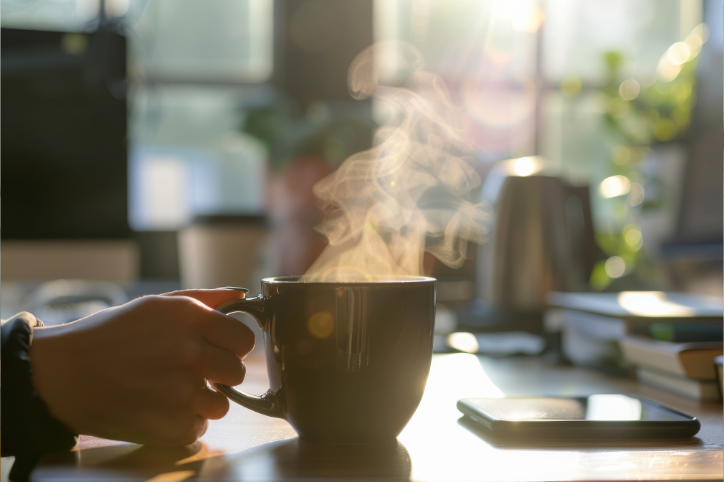 A hot, steaming cup of morning coffee enjoyed outdoors after a walk.
