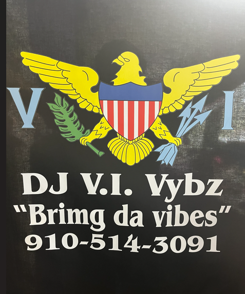 A black sign featuring the Virgin Island flag eagle emblem with wings spread, holding a green olive branch and a blue lightning bolt. The emblem has a shield with red and white stripes and a blue top. Text below reads: DJ V.I. Logo.