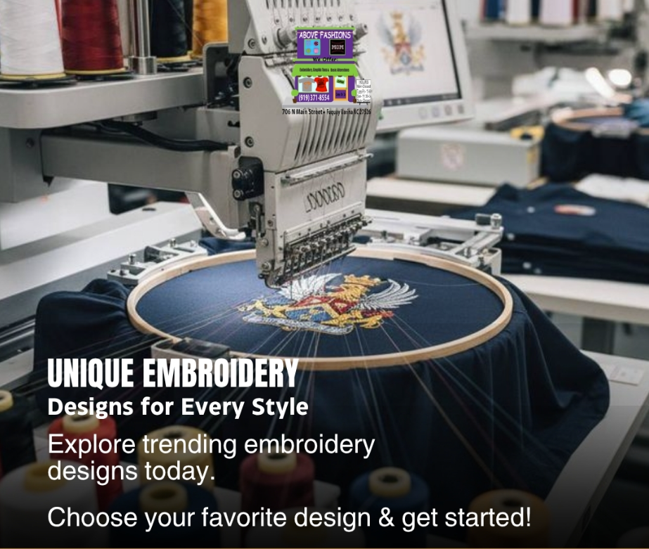 An embroidery machine stitching a detailed crest or emblem onto dark fabric, with spools of thread nearby, in an embroidery workshop.