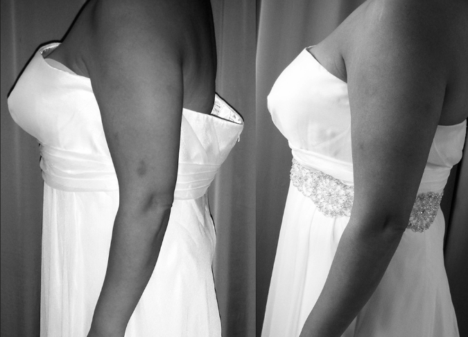 Two women wearing white strapless dresses, side by side, showing upper body and dress details.
