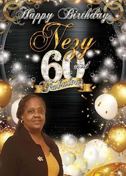 Celebration birthday banner for a 60th birthday with gold and white balloons and confetti.
