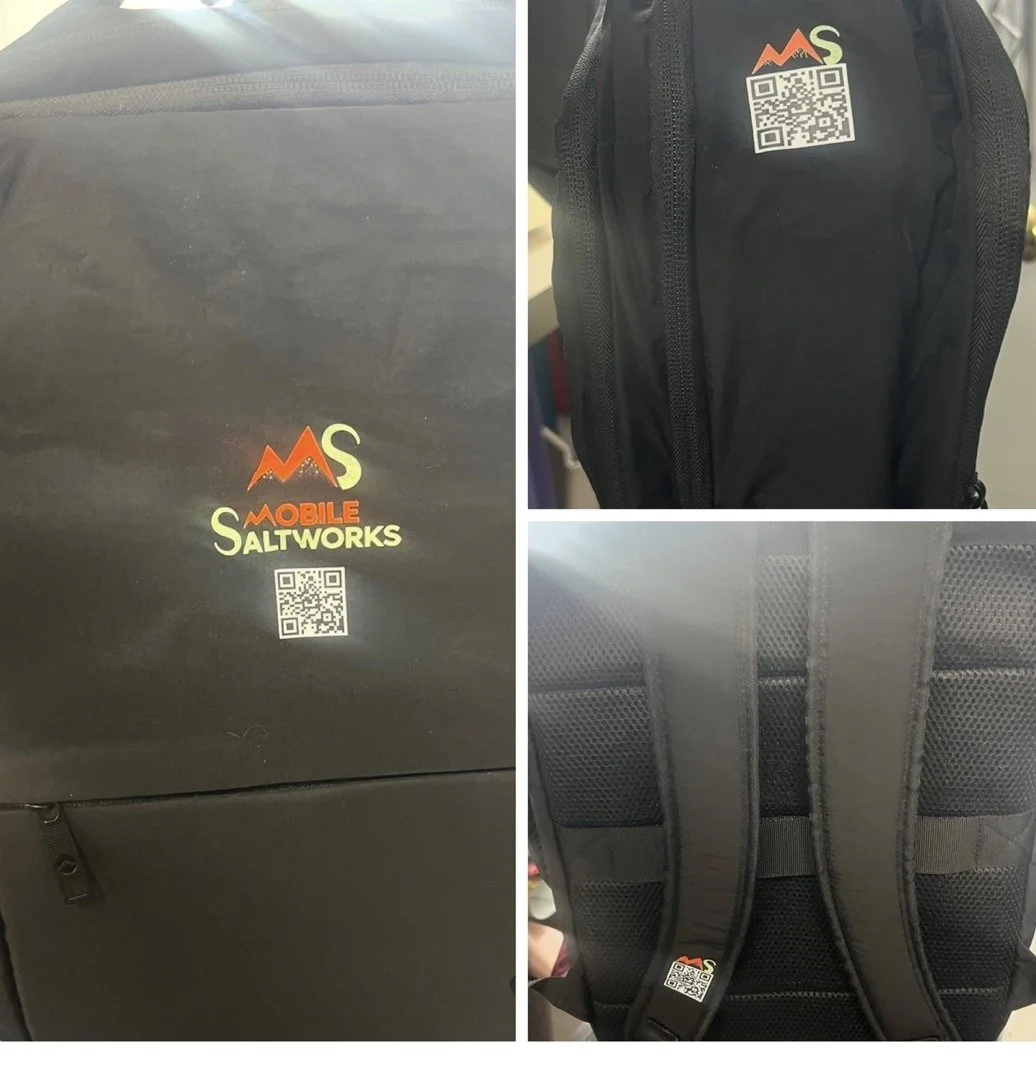 Collage of three images of black bags with the Mobile Saltworks logo