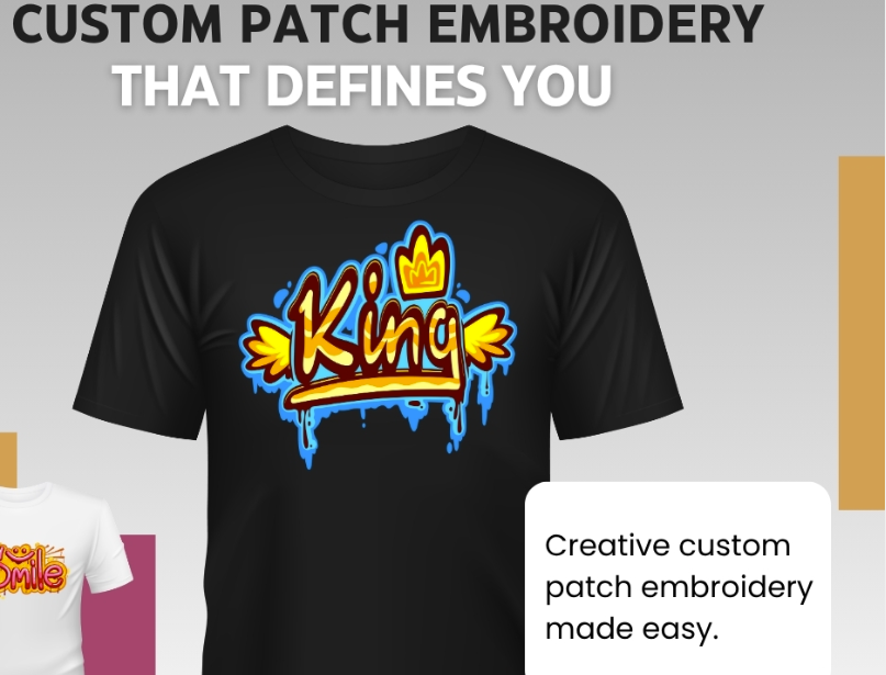Black T-shirt with colorful graffiti-style embroidery of the word 'King' with a gold crown and spray paint effects.
