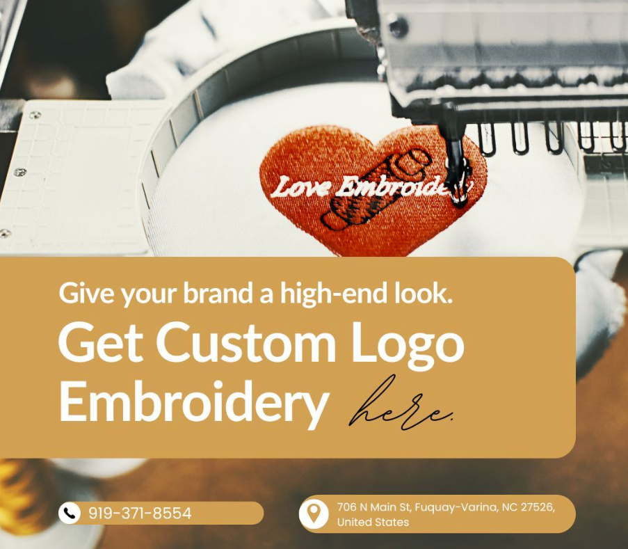 Embroidery machine stitching a red heart with the words 'Love Embroidery' and a needle graphic, promoting custom logo embroidery services.