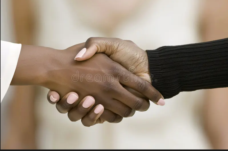 Close-up of two people shaking hands, one person with dark skin and the other with lighter skin, wearing a black sleeve.