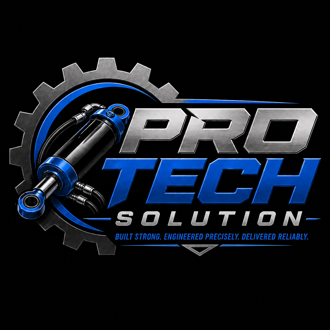 Pro Tech Solution logo with a metallic gear and hydraulic shock absorber, featuring bold blue, silver, and black colors, and the tagline "Built Strong. Engineered Precisely. Delivered Reliably."