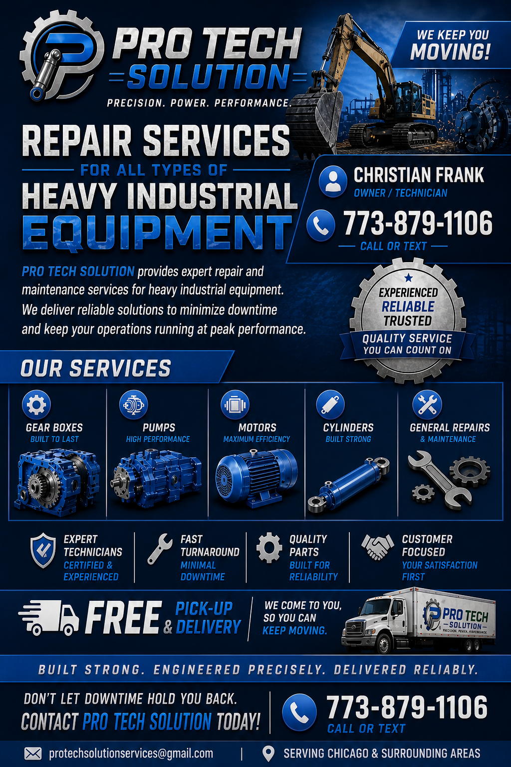 An industrial repair service advertisement featuring heavy machinery, contact details, and list of services including gearboxes, pumps, motors, cylinders, and general repairs.