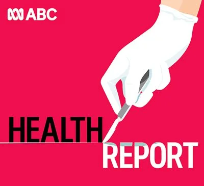 A graphic with a white gloved hand holding a syringe, red background, and the words 'Health Report' in bold black and white letters, with the ABC logo in the top corner.