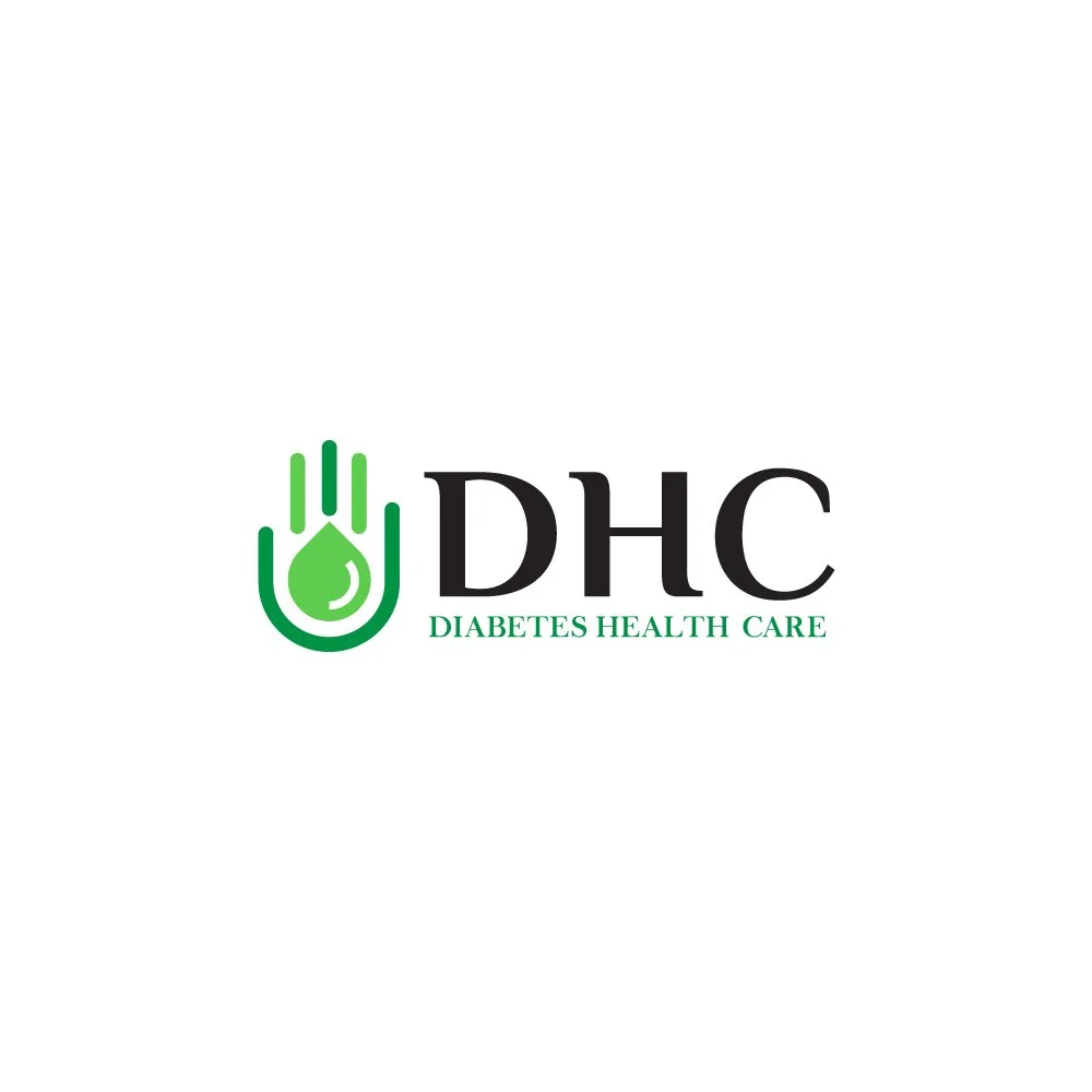 Logo for Diabetes Health Care with a green hand and a drop symbol.