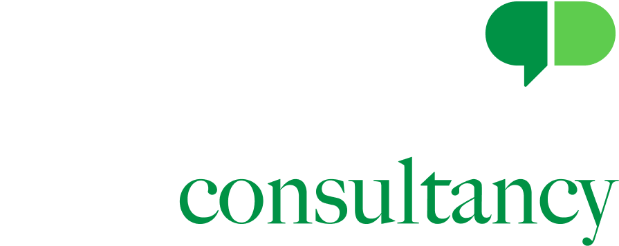 Logo for Deborah Hawthorne Consultancy with black, white, and green colors and a speech bubble.