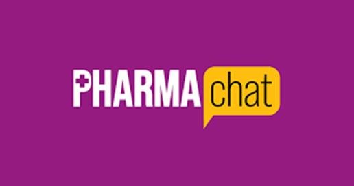 Purple background with white text 'PHARMA' and yellow chat bubble with black text 'chat'.