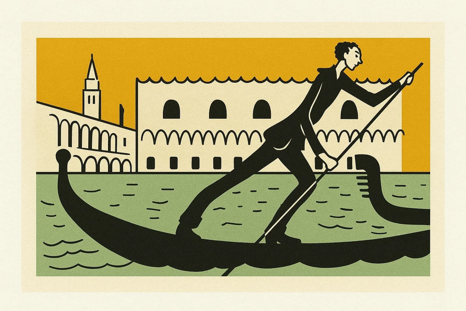 Stylized illustration of a gondolier rowing past the Doge's Palace and its historic prison in Venice, symbolizing freedom, release from detention, and legal representation in immigration bond hearings, asylum cases, and removal defense.