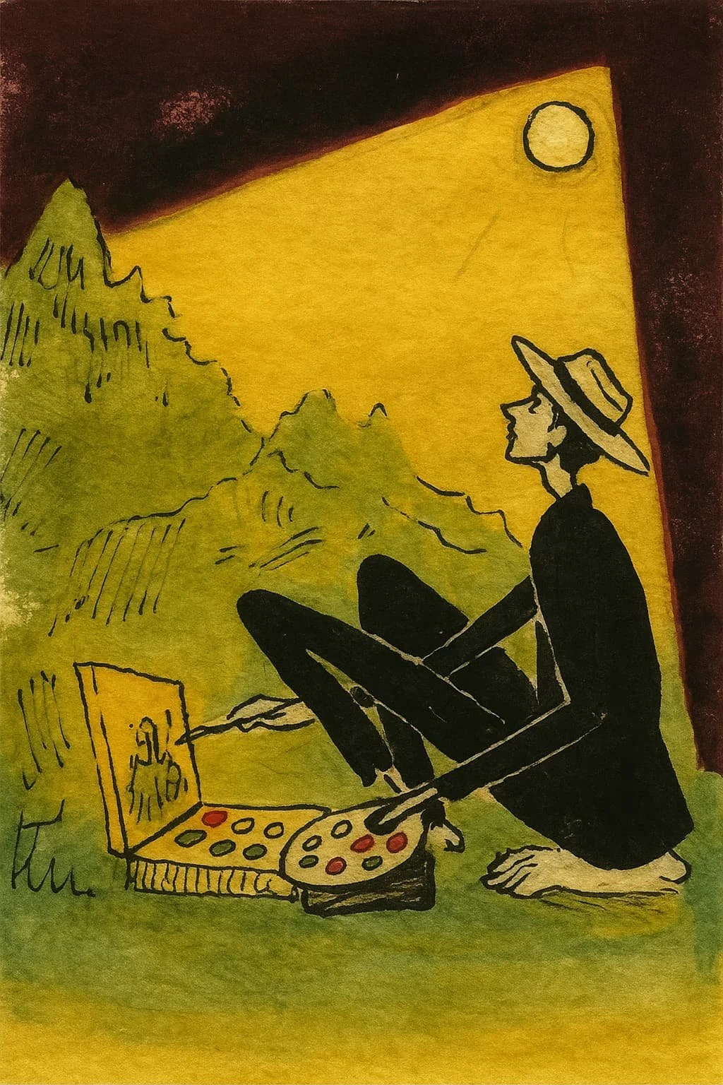 Illustration of an artist painting outdoors in a peaceful landscape, symbolizing safety, freedom, creative expression, and rebuilding life after receiving asylum.