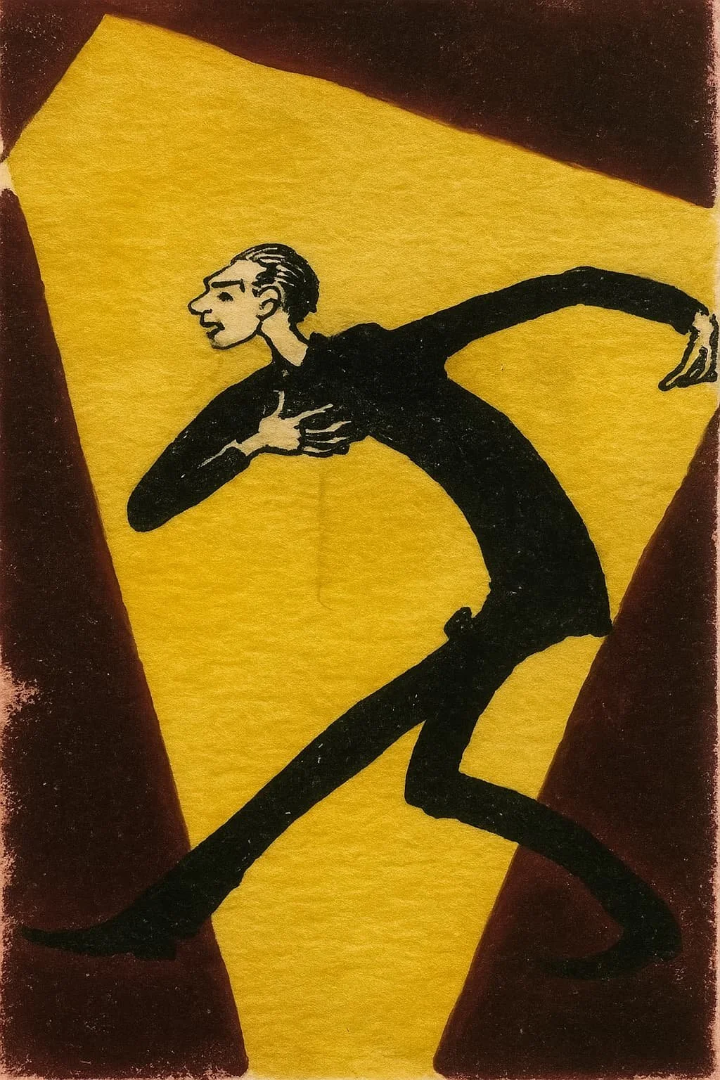 A stylized black and white drawing of a man dancing against a yellow background with red borders.
